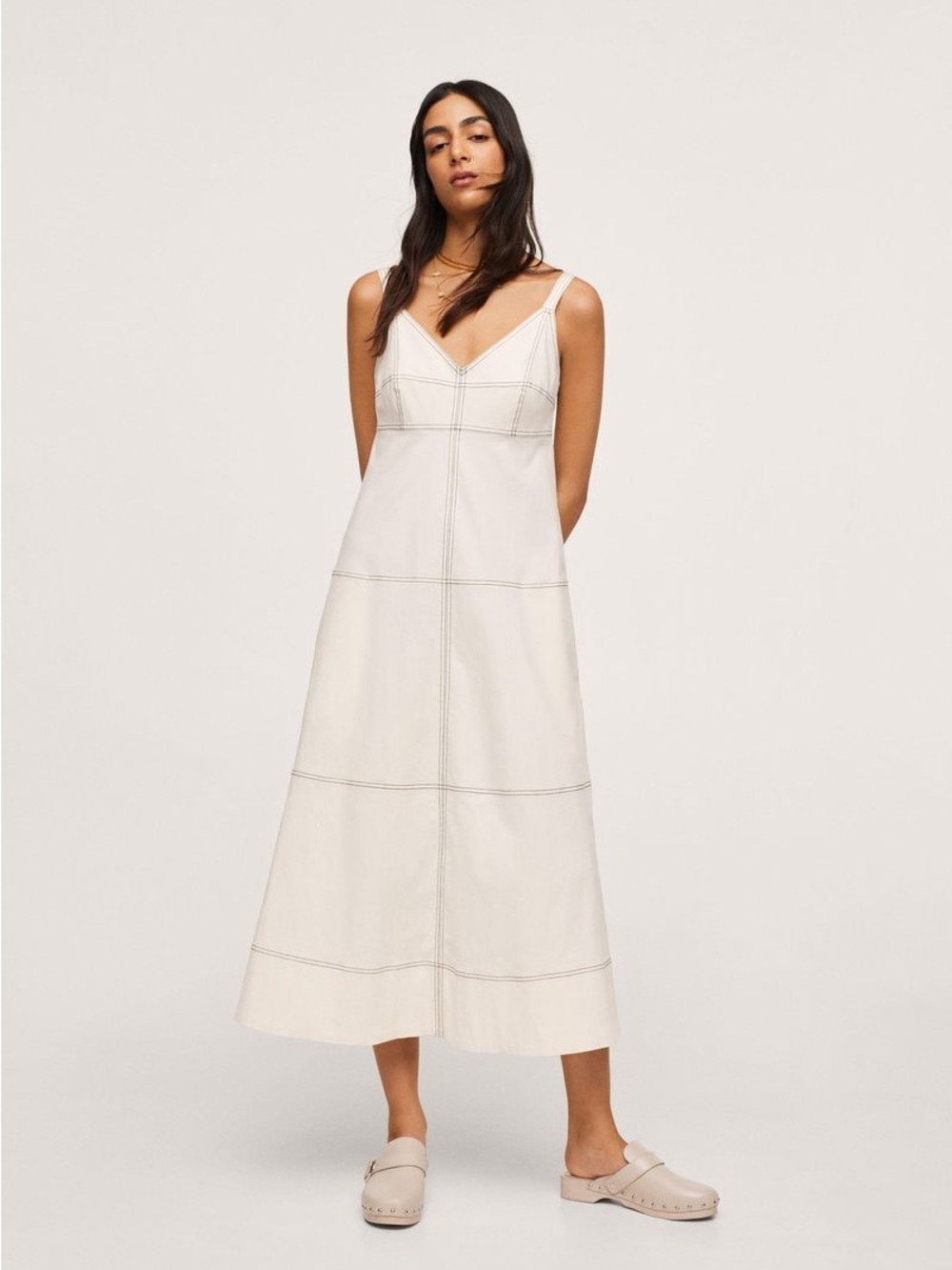 Mango Cream Midi Dress with Contrast Stitching
